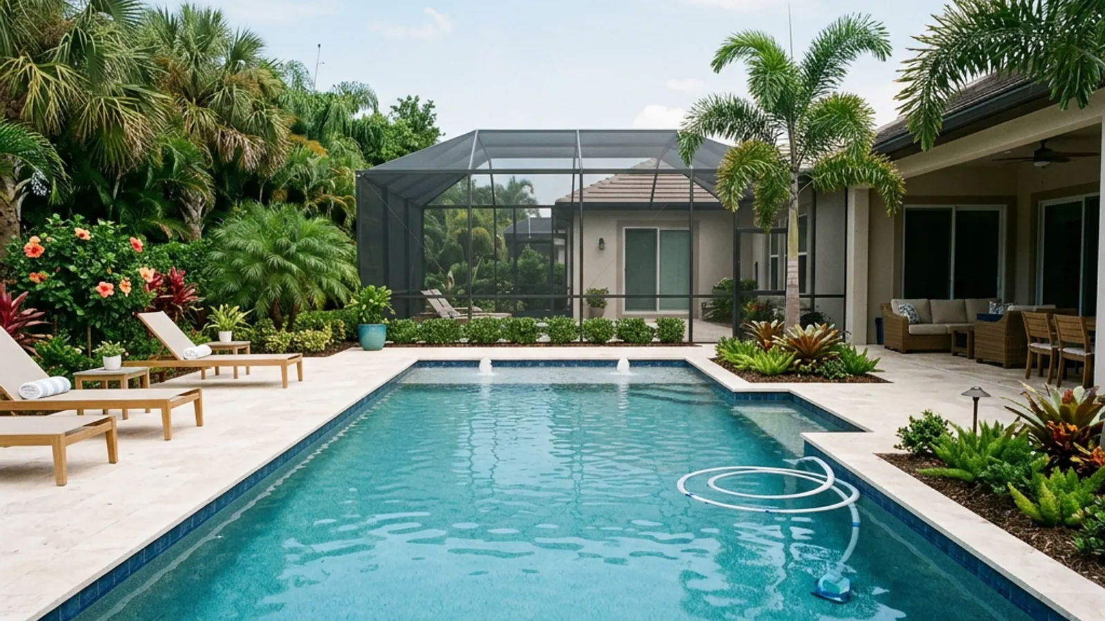 Clear residential swimming pool with a screened lanai, stone deck, and palm landscaping