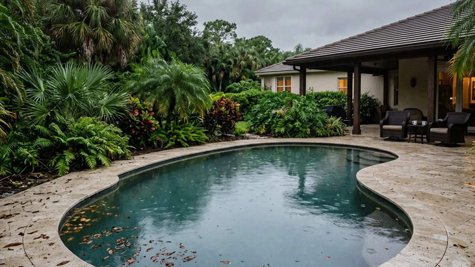 Leaves in a residential swimming pool beneath an overcast sky after rain