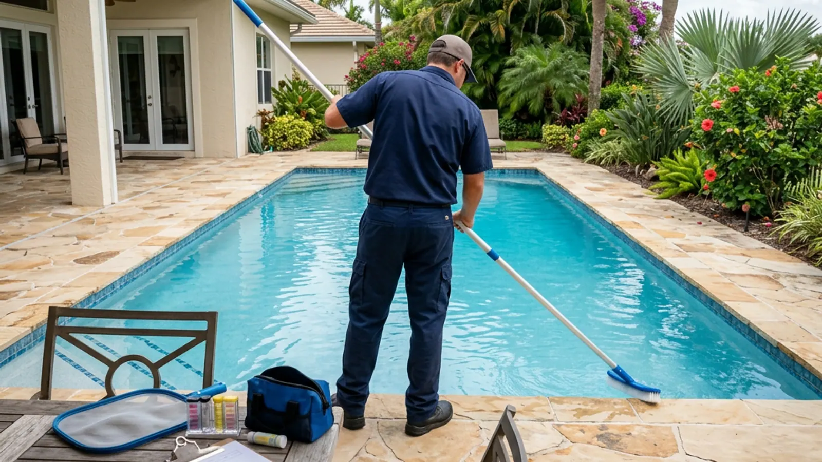 Pool technician brushing a residential swimming pool from the deck
