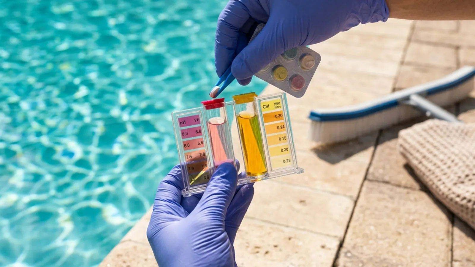 Gloved hands checking a pool-water sample with a color-comparison test kit