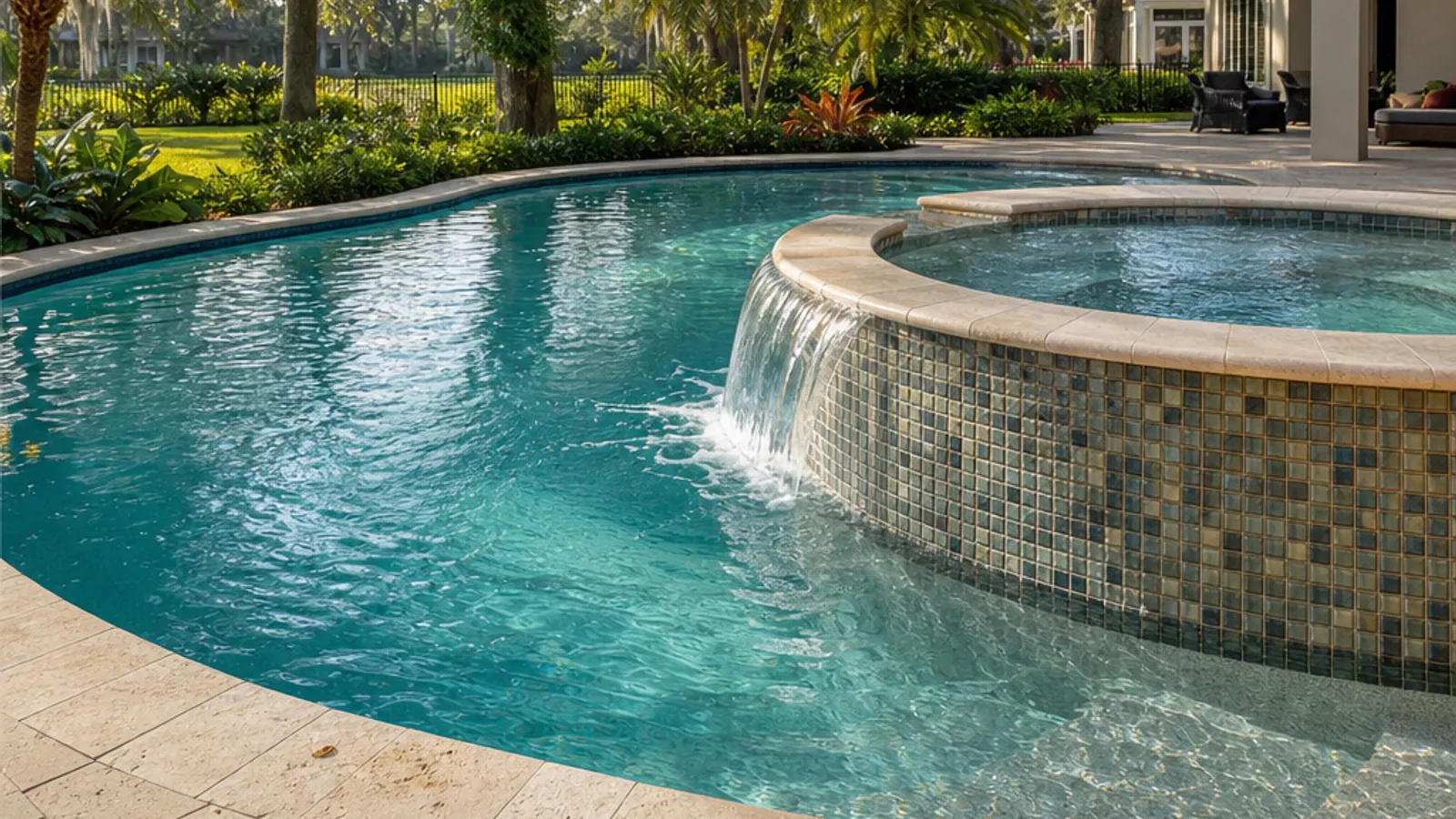 Residential swimming pool with a raised spa, cascading water feature, and lush Florida landscaping
