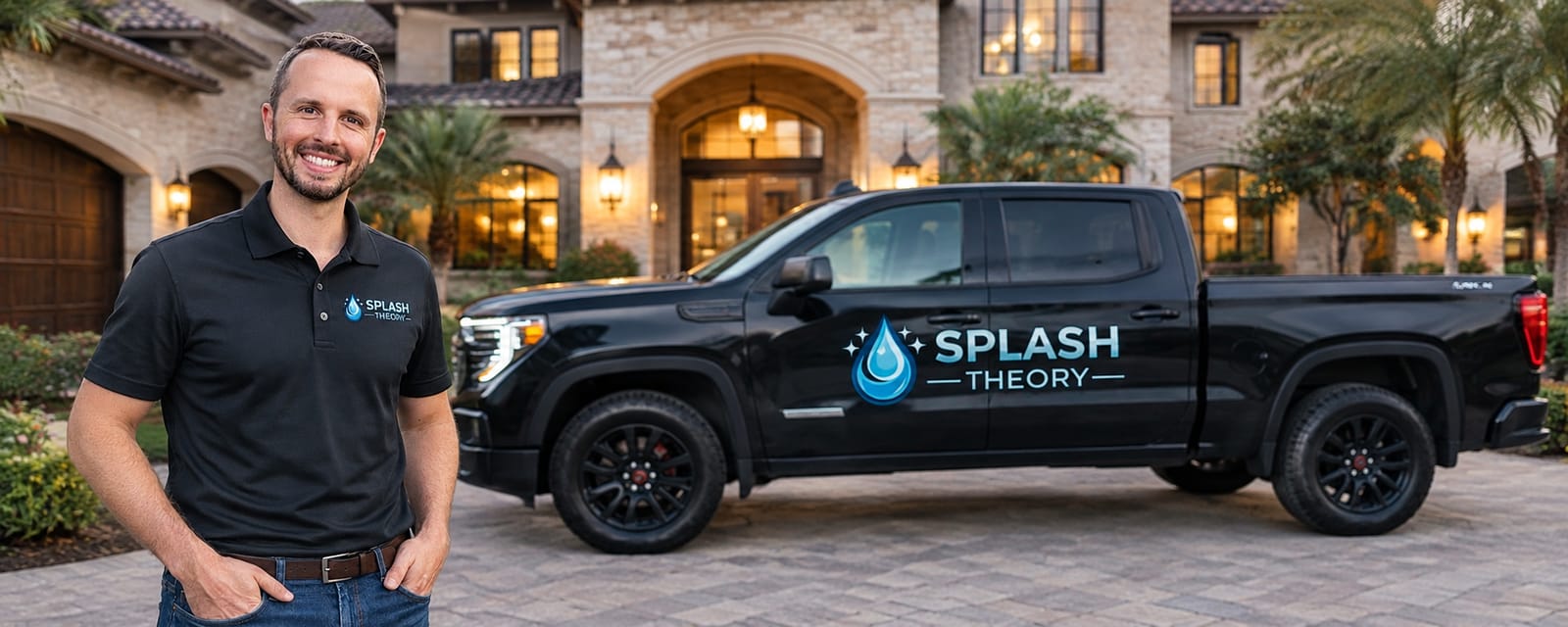 Splash Theory Pools owner beside the branded service truck in a luxury driveway